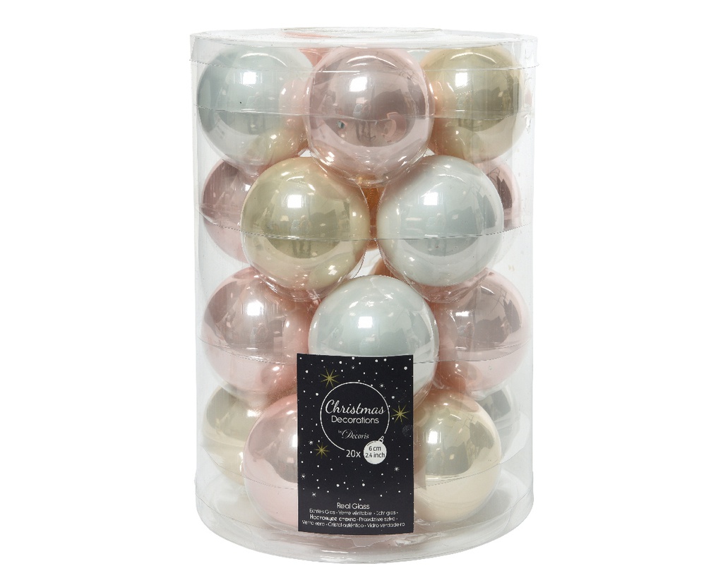 *** BOULES DE NOEL EN VERRE-BOITE DE 20-MIX BLANCS ROSE PERLES 142227