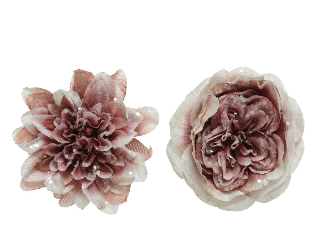 FLOR TELA Y PURPURINA EN CLIP - 15CM - ROSA/DAHLIA - PRECIO UNIDAD