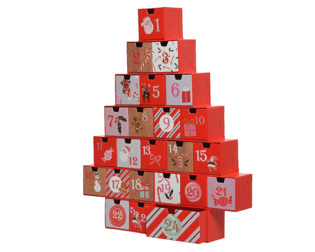 CALENDARIO ADVIENTO CARTON EN FORMA DE ARBOL - TONOS ROJOS