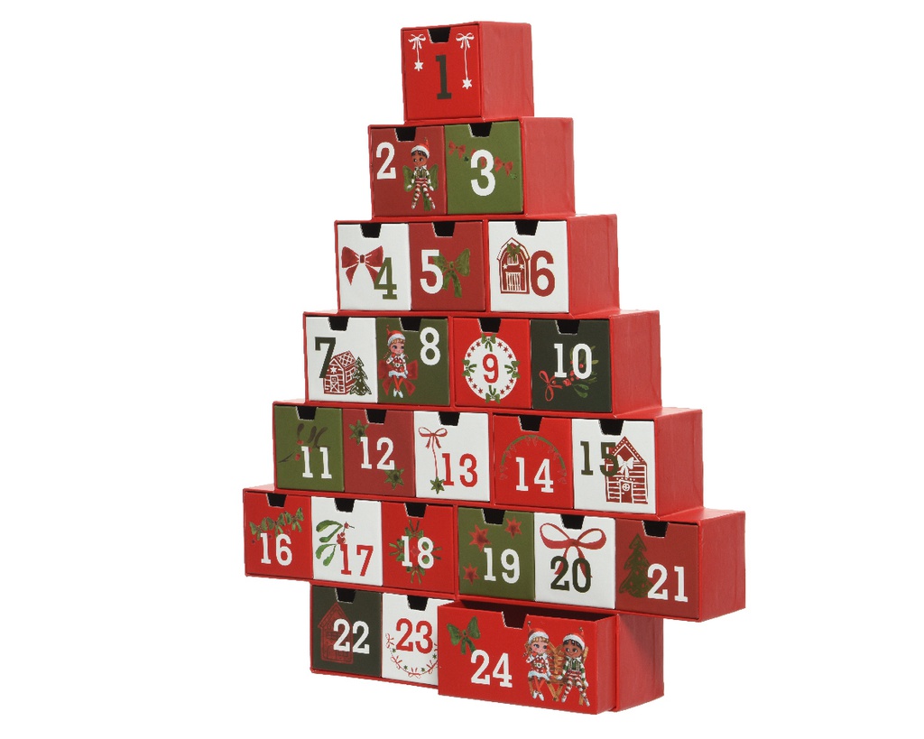 CALENDARIO ADVIENTO CARTON EN FORMA DE ARBOL - TONOS CLASICOS