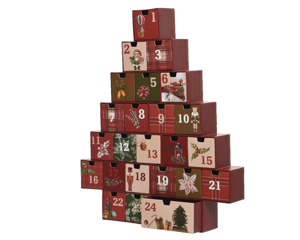 CALENDARIO ADVIENTO CARTON EN FORMA DE ARBOL - ROJO VINO