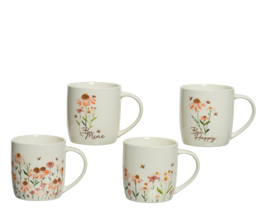 TAZA PORCELANA FLORES Y ABEJAS - L12-W8.50-H9CM - 4 MOTIVOS - PRECIO UNIDAD