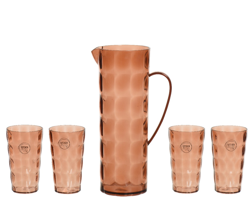 JARRA CON 4 VASOS - MARRON CON RELIEVE - JUEGO 5 PIEZAS -  L16-W10-H28.70cm