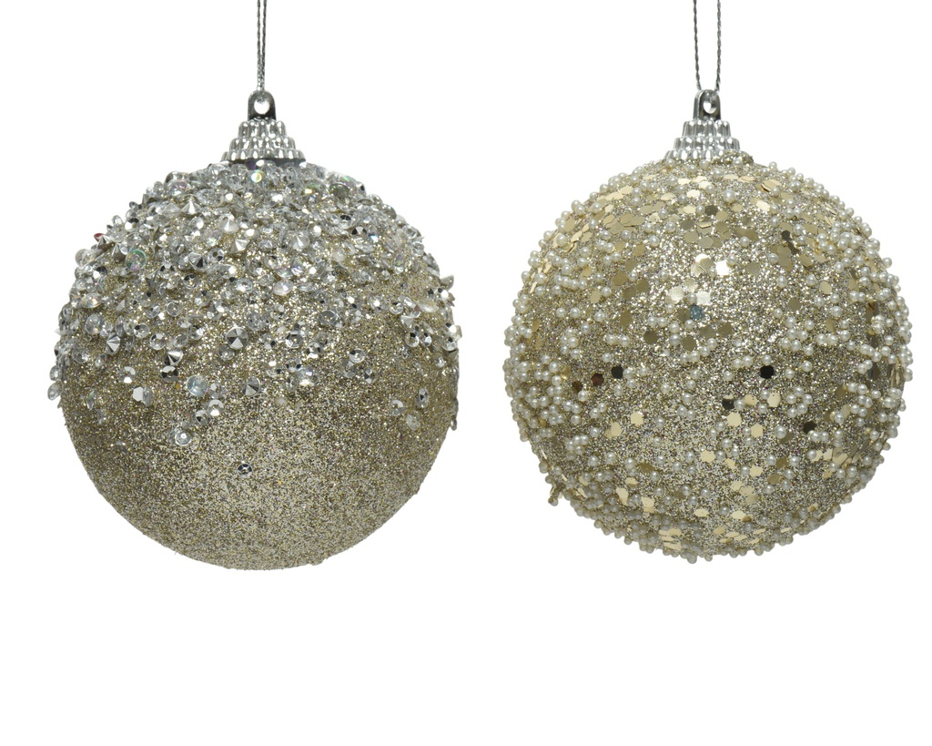 BOULE DE NOEL POREX - PAILLETTES/PERLES - CHAMPAGNE - PRIX A L'UNITE - dia10.00cm