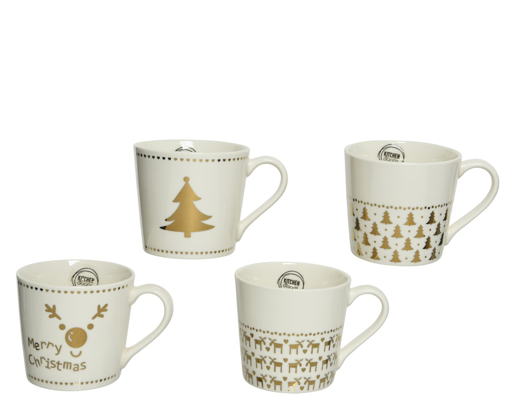 TAZA PORCELANA MOTIVOS NAVIDEÑOS EN DORADO - 13.50-W9.70-H9CM - 4 MOTIVOS - PRECIO UNIDAD