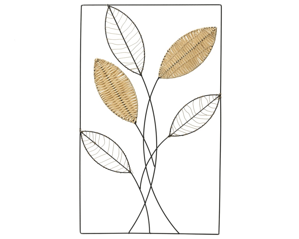 CADRE MURAL EN METAL AVEC FEUILLES DOREES ET NOIRES - L46.00-W46.00-H75.00cm