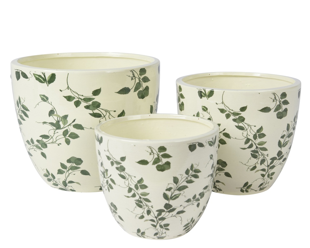 POTS EN CERAMIQUE AVEC MOTIFS FEUILLES - VERT/BLANC - KIT DE TROIS - L16.00-W16.00-H13.50cm