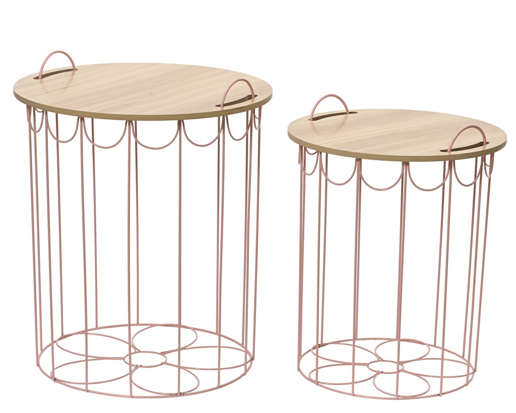 CESTA METAL CON TAPA MADERA - ROSA - SET DE DOS -dia40.00-H48.50cm