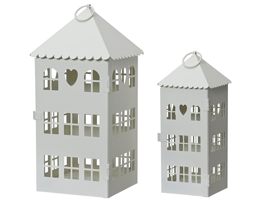 LANTERNE EN METAL/ FORME DE MAISON - BLANC - KIT DE 2 - L14.50-W14.50-H30.00cm  L9.50-W9.50-H23.00cm