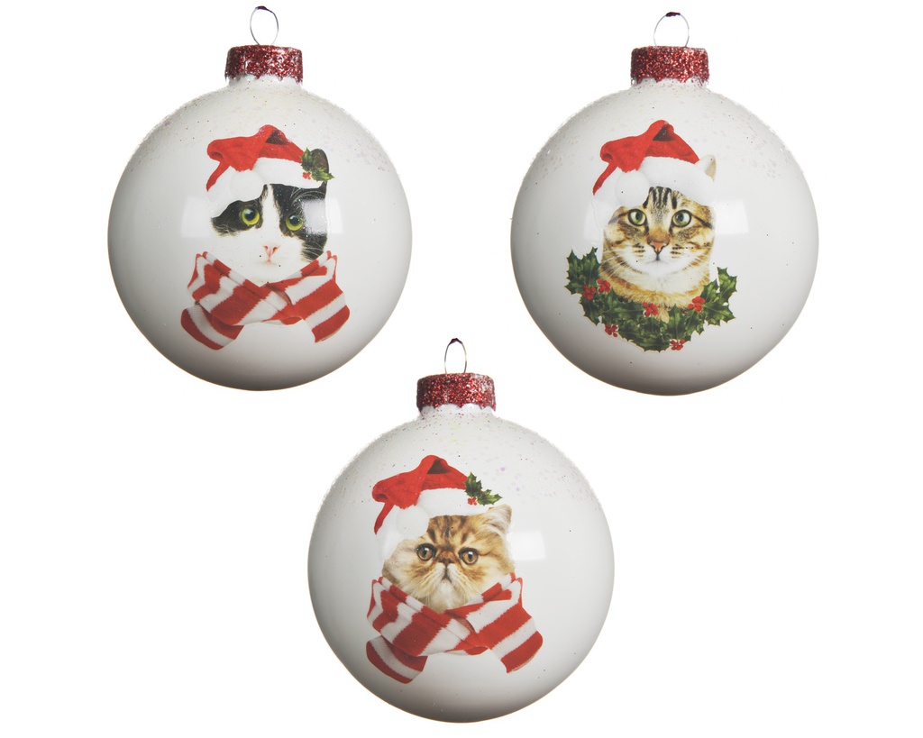 ***BAUBLE GLASS CAT FACE DESIGN WHITE dia8.00cm