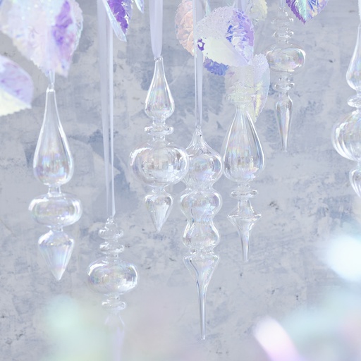 ORNEMENT EN VERRE A SUSPENDRE - TRANSPARENT/IRIS - 3 DESIGNS - PRIX A L'UNITE - dia6.10-H25.00cm