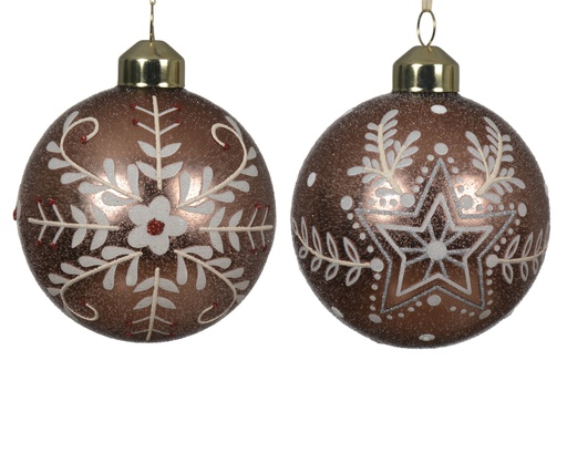 BOULE DE NOEL EN VERRE A SUSPENDRE - MARRON AVEC MOTIFS BLANCS - 2 ASSORTIMENTS - PRIX A L'UNITE-  dia8.00cm