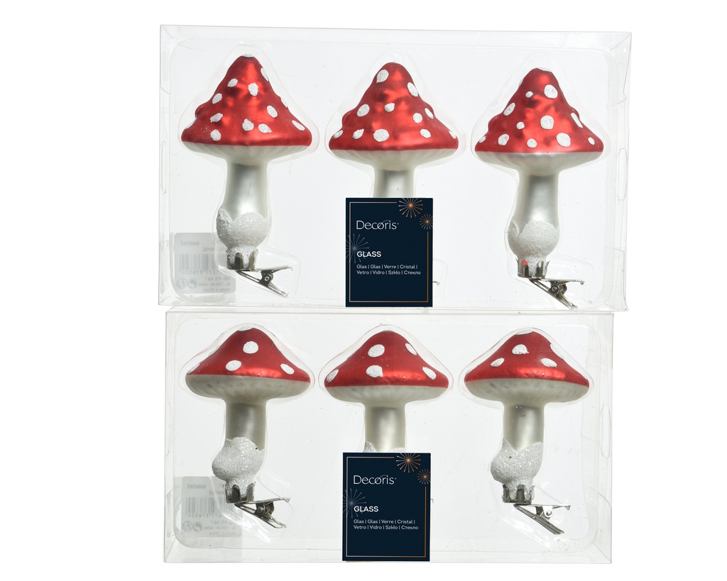 CHAMPIGNON EN VERRE - ASSORTIMENT DANS UNE BOITE DE 3 - TEINTES ROUGES - dia6.50-H9.00cm