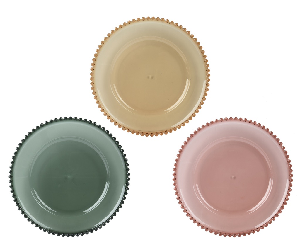 ASSIETTE/SOUS-ASSIETTE POUR DECORER - AMBRE, VERT OU ROSE - PRIX A L'UNITE dia33.00-H3.00cm