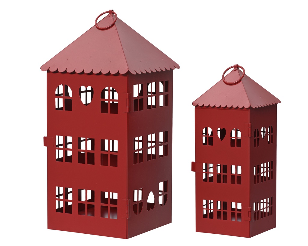 LINTERNA METAL ROJO - FORMA CASITA - SET DE DOS - L14.50-W14.50-H30.00cm  L9.50-W9.50-H23.00cm