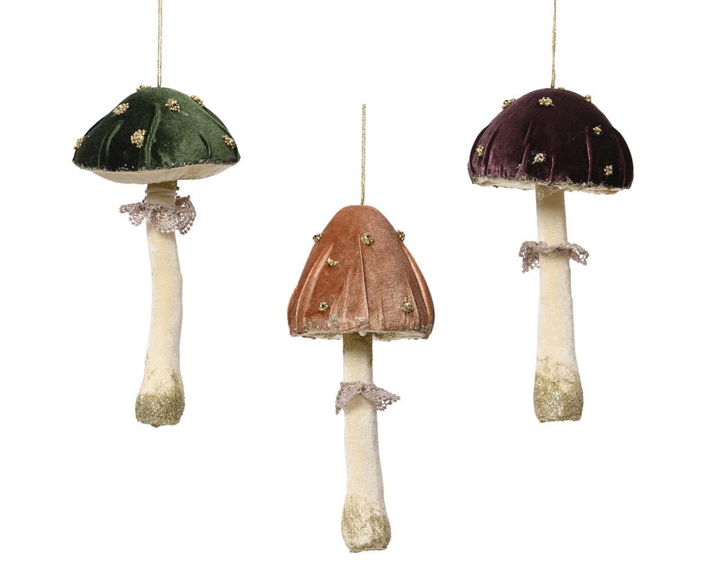 CHAMPIGNON EN VELOURS A SUSPENDRE - VERT SAPIN, CITROUILLE EPICE OU MAUVE FONCE - PRIX A L'UNITE - L12.00-W12.00-H25.00cm