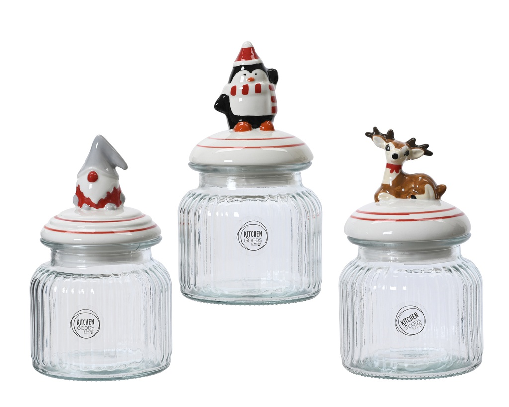 POT EN VERRE AVEC MOTIFS DE NOEL - PINGOUIN, RENNE OU GNOME - PRIX A L'UNITE - dia10.80-H20.00cm