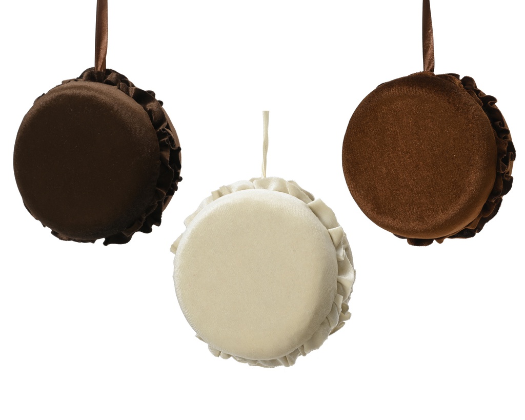 MACARON EN VELOURS A SUSPENDRE - BLANC, MARRON FONCE OU MARRON CLAIR - PRIX A L'UNITE - dia10.00-H5.00cm