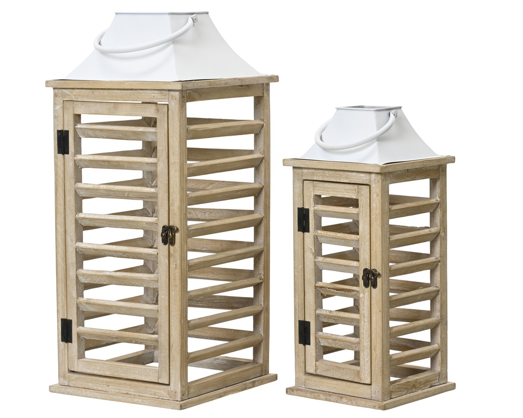 LINTERNA MADERA - NATURAL/BLANCO - SET DE DOS - L24.00-W24.00-H55.00cm /L17.50-W17.50-H41.00cm