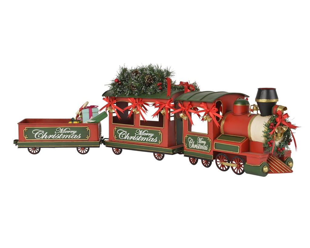 TRAIN EN METAL AVEC SAPIN ET CADEAUX DE NOEL - 92X30CM ROUGE