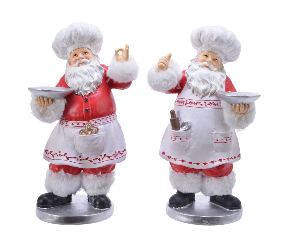 PÈRE NOËL AVEC PLATEAU DE SERVICE - RÉSINE - 30CM - 2 ASSORTIMENTS