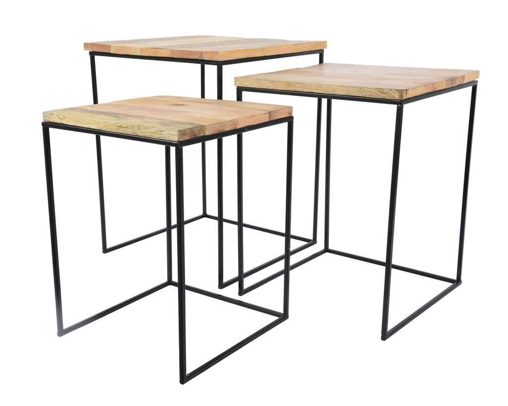 KIT DE TROIS PETITES TABLES EN BOIS DE MANGUIER ET PIEDS EN METAL - L44CM