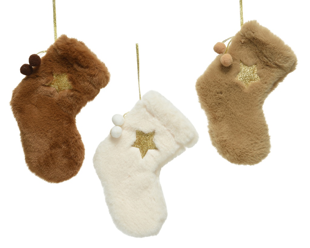 STOCKING POLYESTER ARTIFICIAL FUR- GOLDEN GLITTER STAR L1.50-W16-H17CM