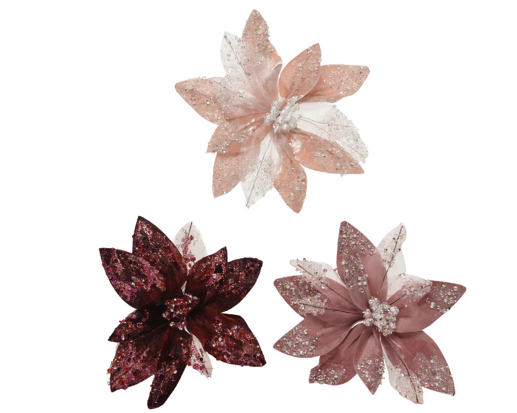 FLEUR TISSU VELOUR ET STRASS - 15CM - 3 COULEURS - PRIX UNITAIRE