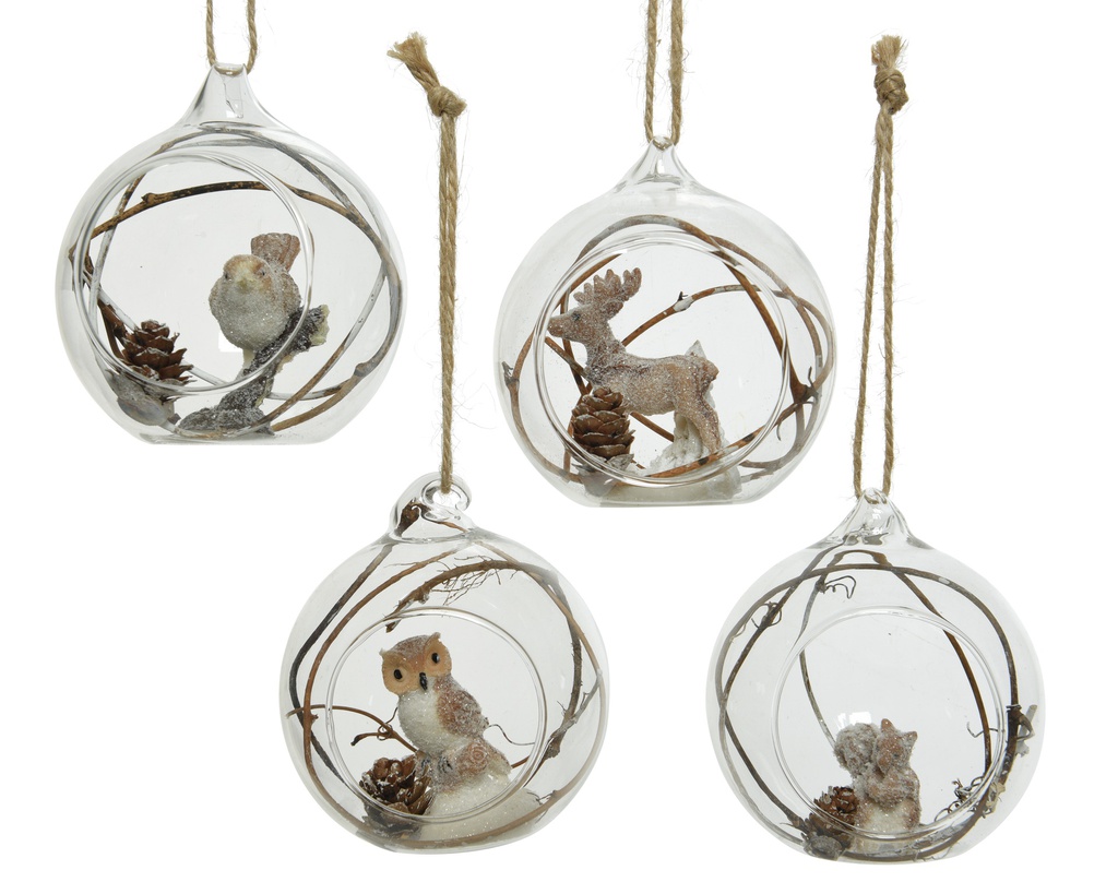 BOULE DE NOEL EN VERRE AVEC ANIMAUX - 80MM - 4 ASSORTIMENTS - PRIX A L'UNITE 