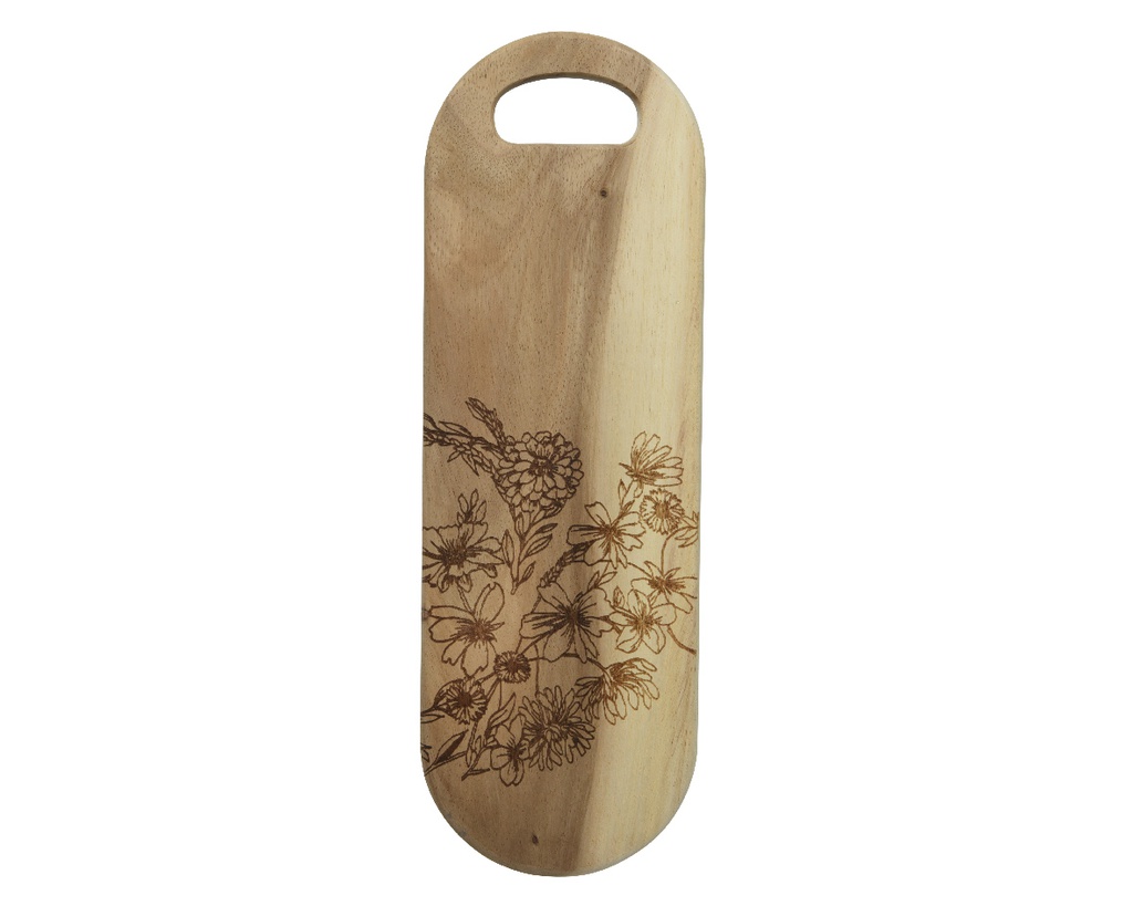 TABLA CORTAR MADERA ACACIA - OVALADA - DETALLES GRABADO DE FLORES - FOOD SAFE