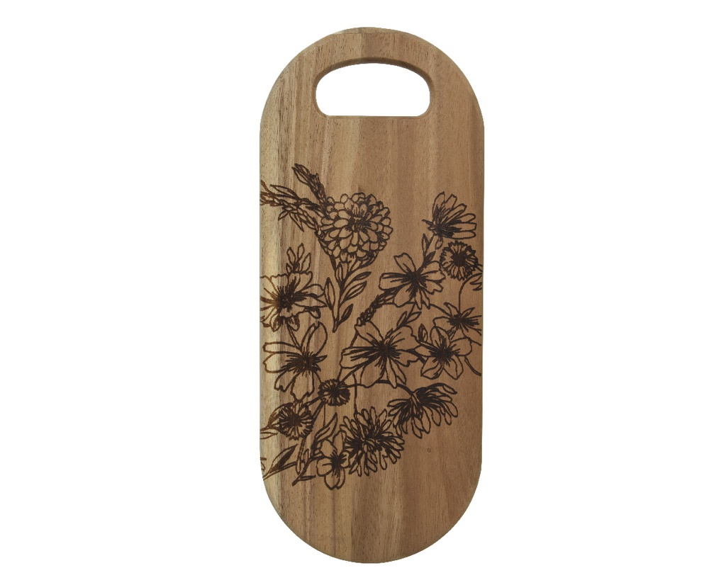 TABLA CORTAR MADERA ACACIA - OVALADA - DETALLES GRABADO DE FLORES - FOOD SAFE