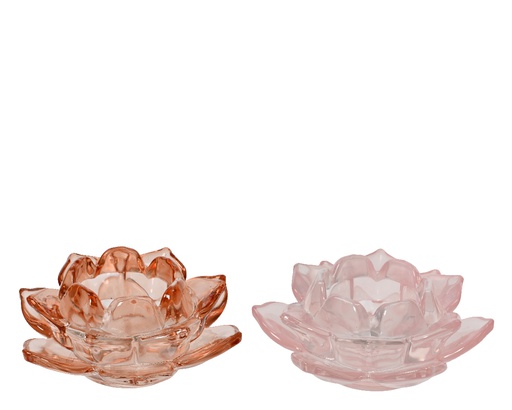 PORTE BOUGIE CRISTAL FORME FLEUR OUVERTE  - ROSE/PÊCHE - dia12.00-H4.80cm