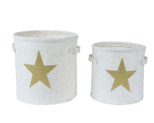 CESTO FIELTRO CON ESTRELLA DORADA - BLANCO LANA - dia30.00-H30.00cm  dia25.00-H25CM - SET DE 2