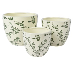 [4-821075] POTS EN CERAMIQUE AVEC MOTIFS FEUILLES - VERT/BLANC - KIT DE TROIS - L16.00-W16.00-H13.50cm