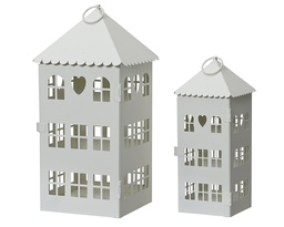 [4-386855] LANTERNE EN METAL/ FORME DE MAISON - BLANC - KIT DE 2 - L14.50-W14.50-H30.00cm  L9.50-W9.50-H23.00cm