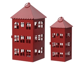 [4-386856] LANTERNE EN METAL/FORME DE MAISON - ROUGE - KIT DE 2 - L14.50-W14.50-H30.00cm  L9.50-W9.50-H23.00cm