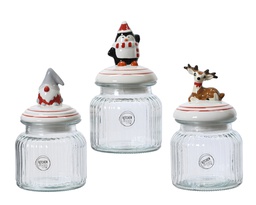 [4-647846] POT EN VERRE AVEC MOTIFS DE NOEL - PINGOUIN, RENNE OU GNOME - PRIX A L'UNITE - dia10.80-H20.00cm