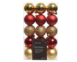 [4-020076] BOITE DE 30 BOULES DE NOEL EN PLASTIQUE - OR/ROUGE - DIA6CM